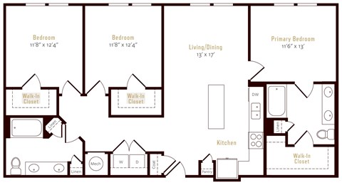 Floor plan for 3 beds, 2 baths, 1342 sqft